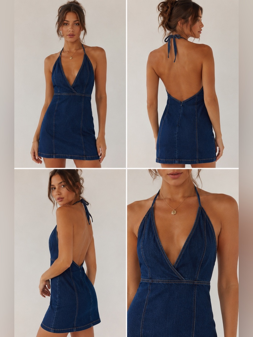 Vintage Y2K Aqua Blues Denim Halter Mini Dress M Backless Dark Wash